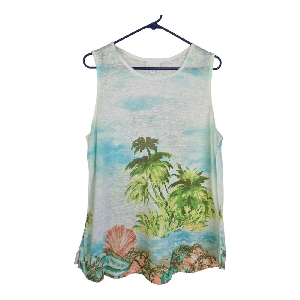 J.Jill Love Linen Tank Top M 100% Linen Tropical Palm Tree Coastal Beach Tunic